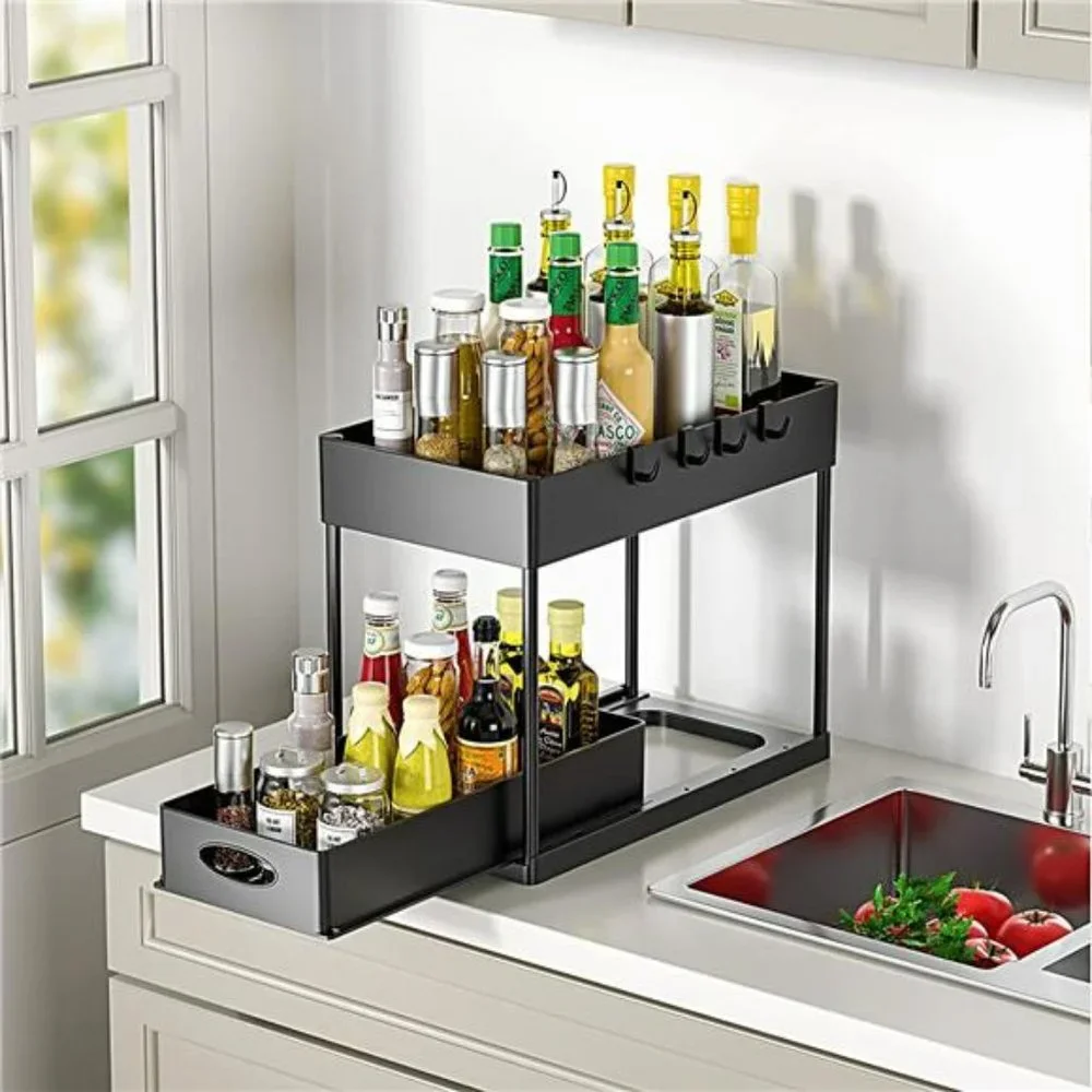 2 Pack Under Sink Organizer, 2-Tier Sliding Cabinet Basket Organizer with Hooks